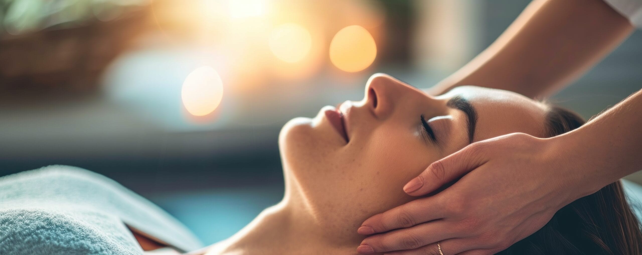 Craniosacral therapist massaging the neck Craniosacral therapist massaging the neck of woman in beauty salon.
